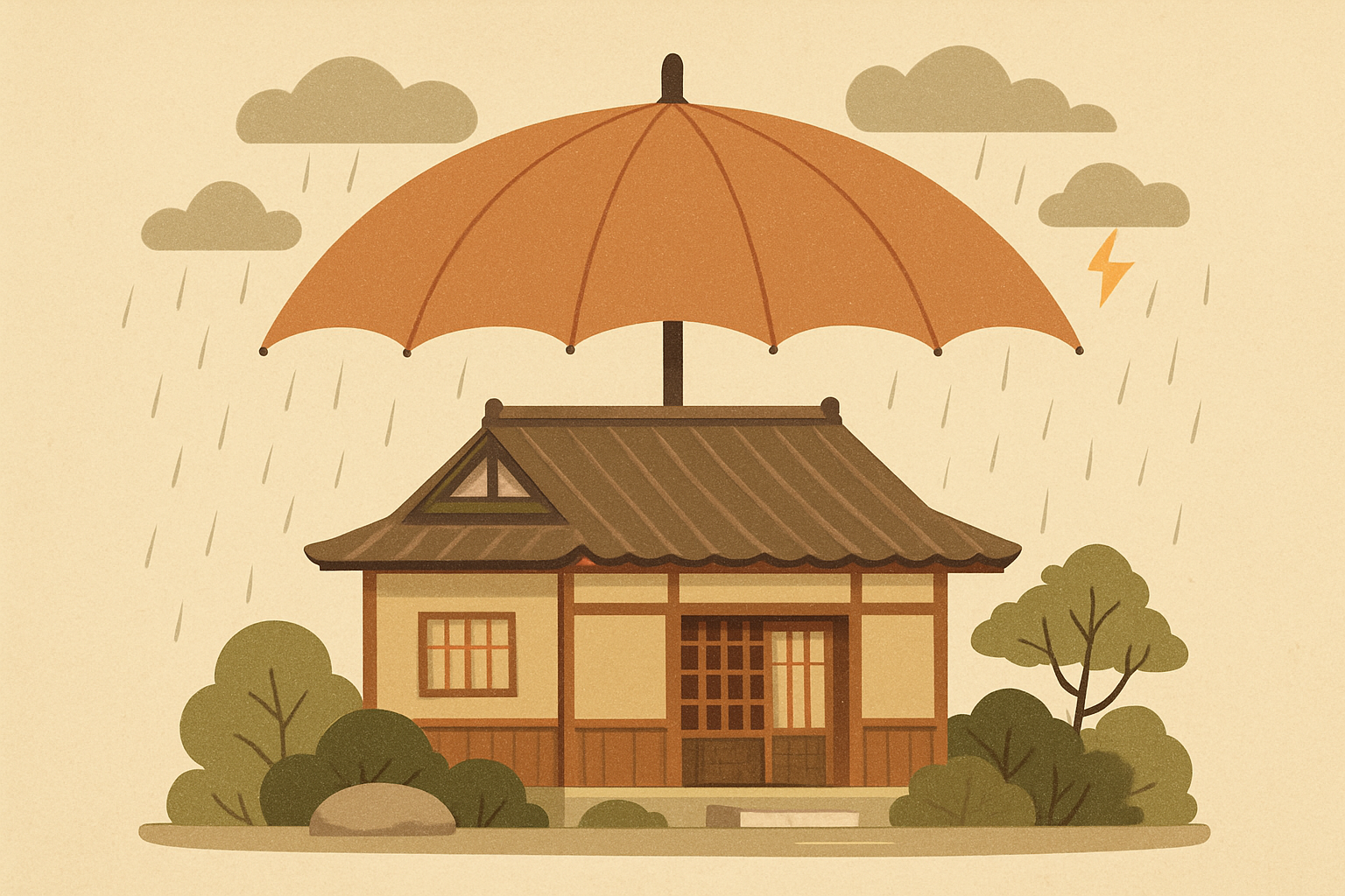傘に守られる空き家のイラスト（空き家の火災保険のイメージ）