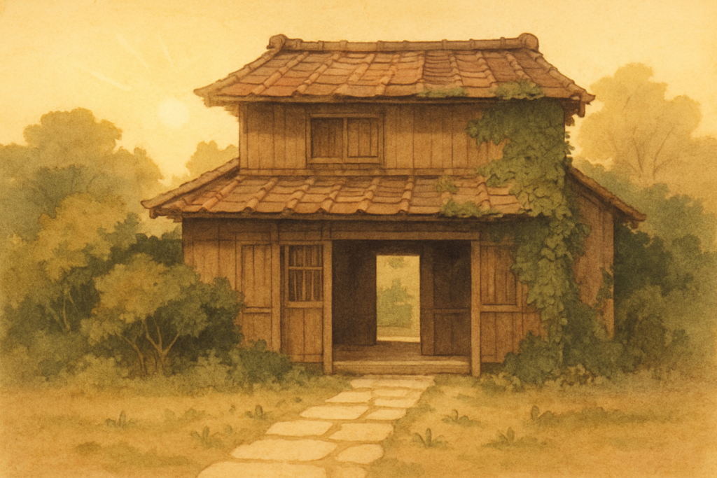 年月を経た家に朝の光が差し、新しい出口が開けるイメージイラスト